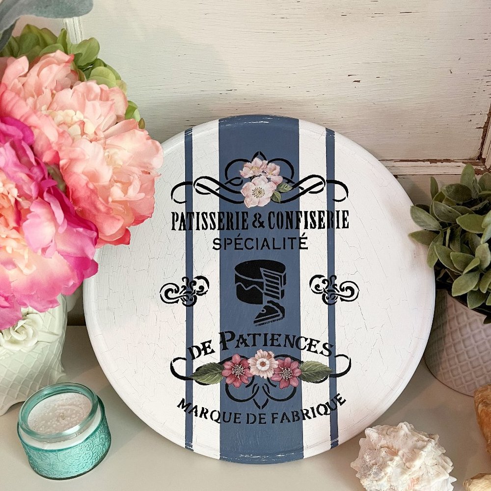 French Country Cottage Patisserie & Roses Cake Plate / Stand Shabby Riser Blue